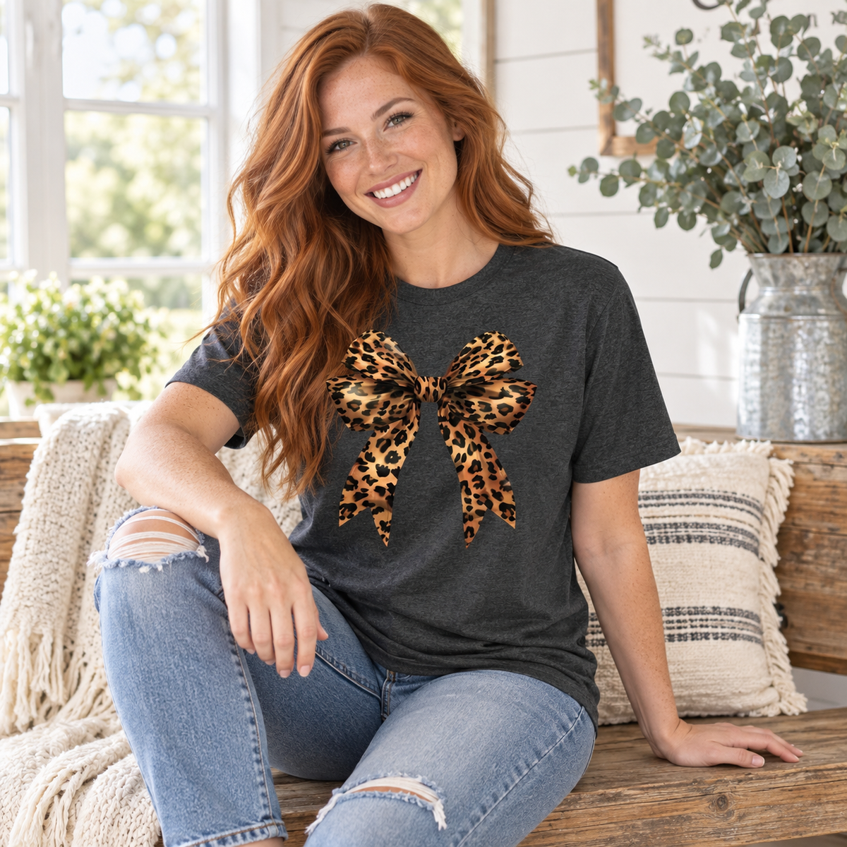 Leopard Bow Sweatshirt | Coquette Animal Print Crewneck | Trendy Fall Sweatshirt