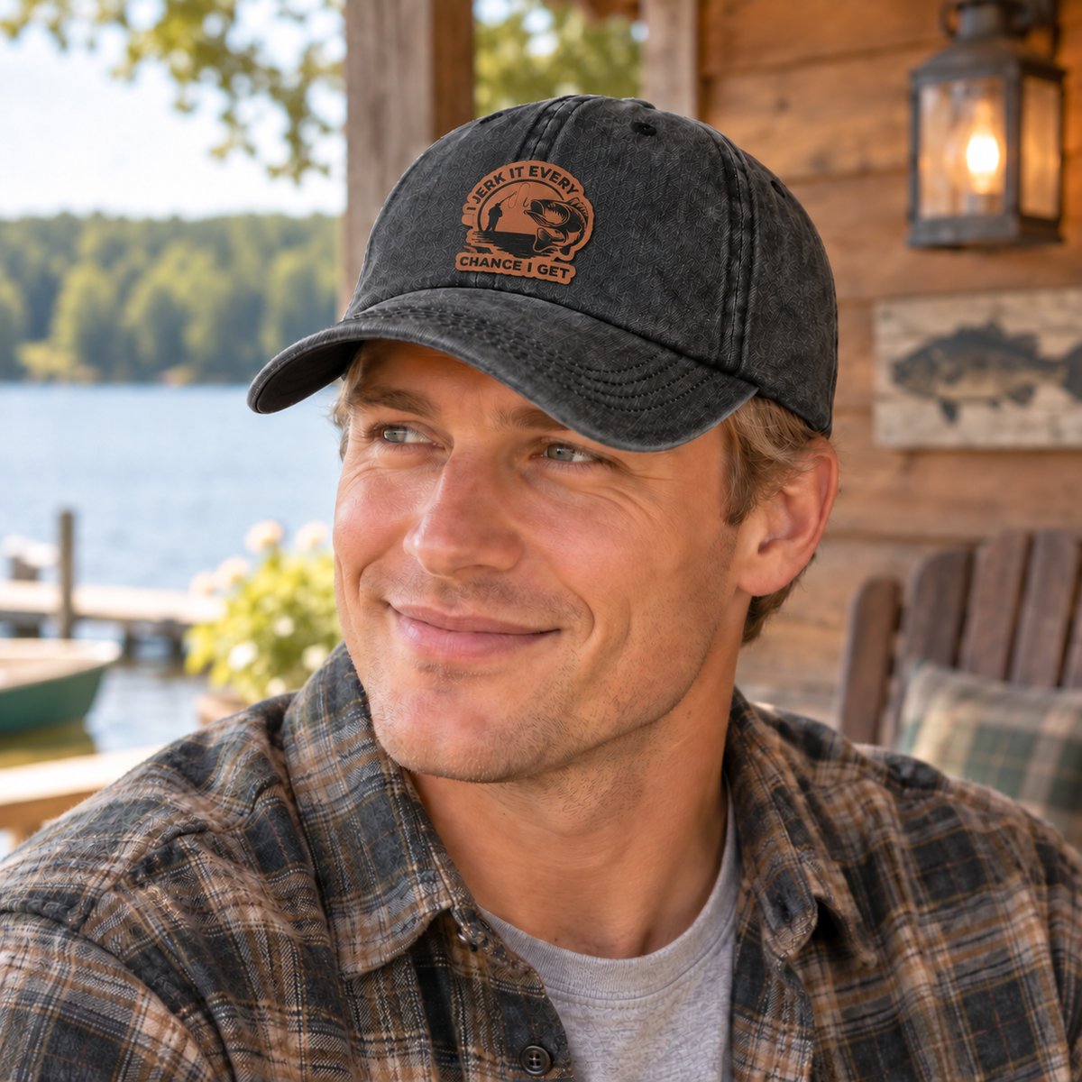 I Jerk It Every Chance I Get Fishing Leather Patch Hat