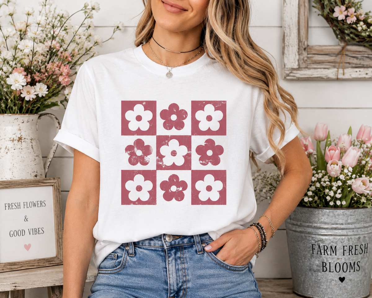 Vintage Pink Floral Checkerboard T-Shirt β Spring Farmhouse Graphic Tee