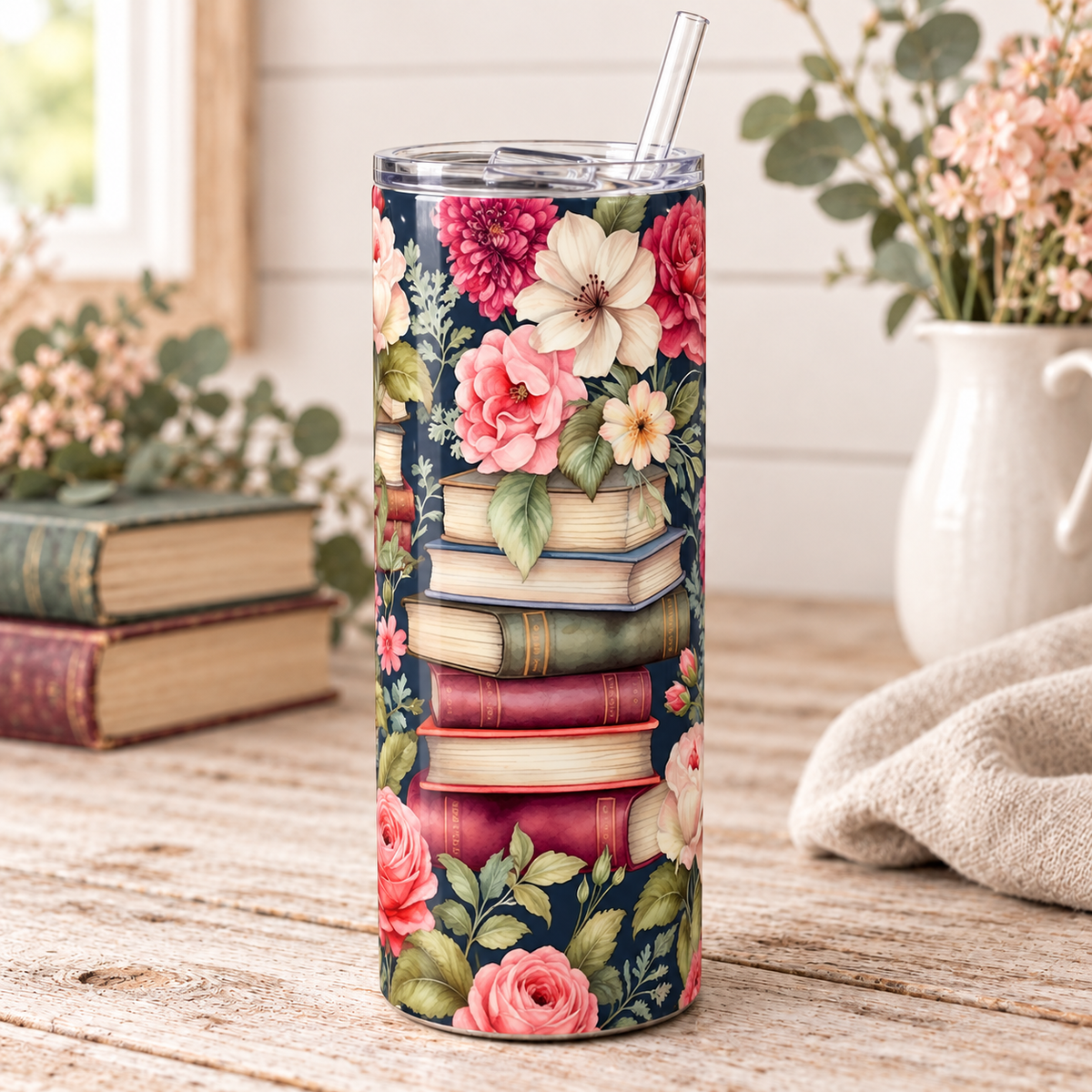 Floral Book Lover 20 oz Skinny Tumbler