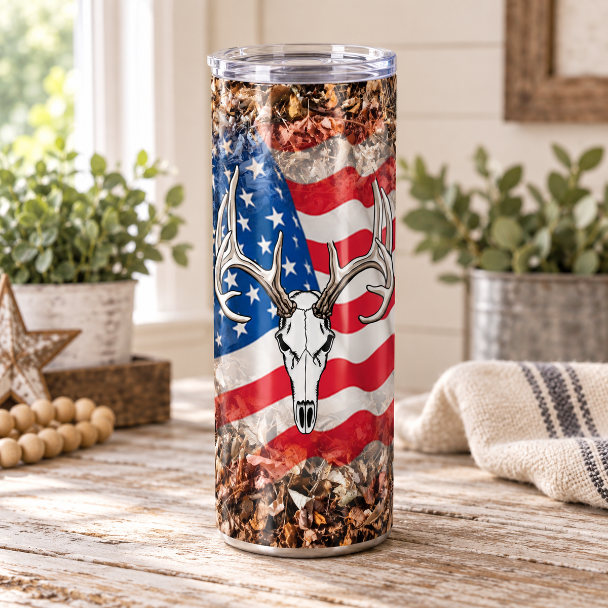 American Flag Buck Skull 20 oz Skinny Tumbler