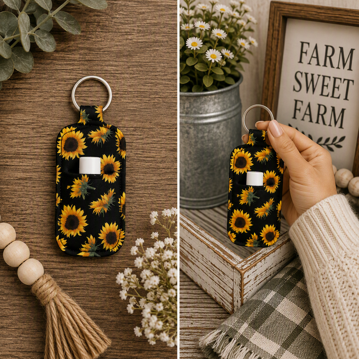 Sunflower Black Chapstick Holder Keychain – Sublimated Lip Balm Holder