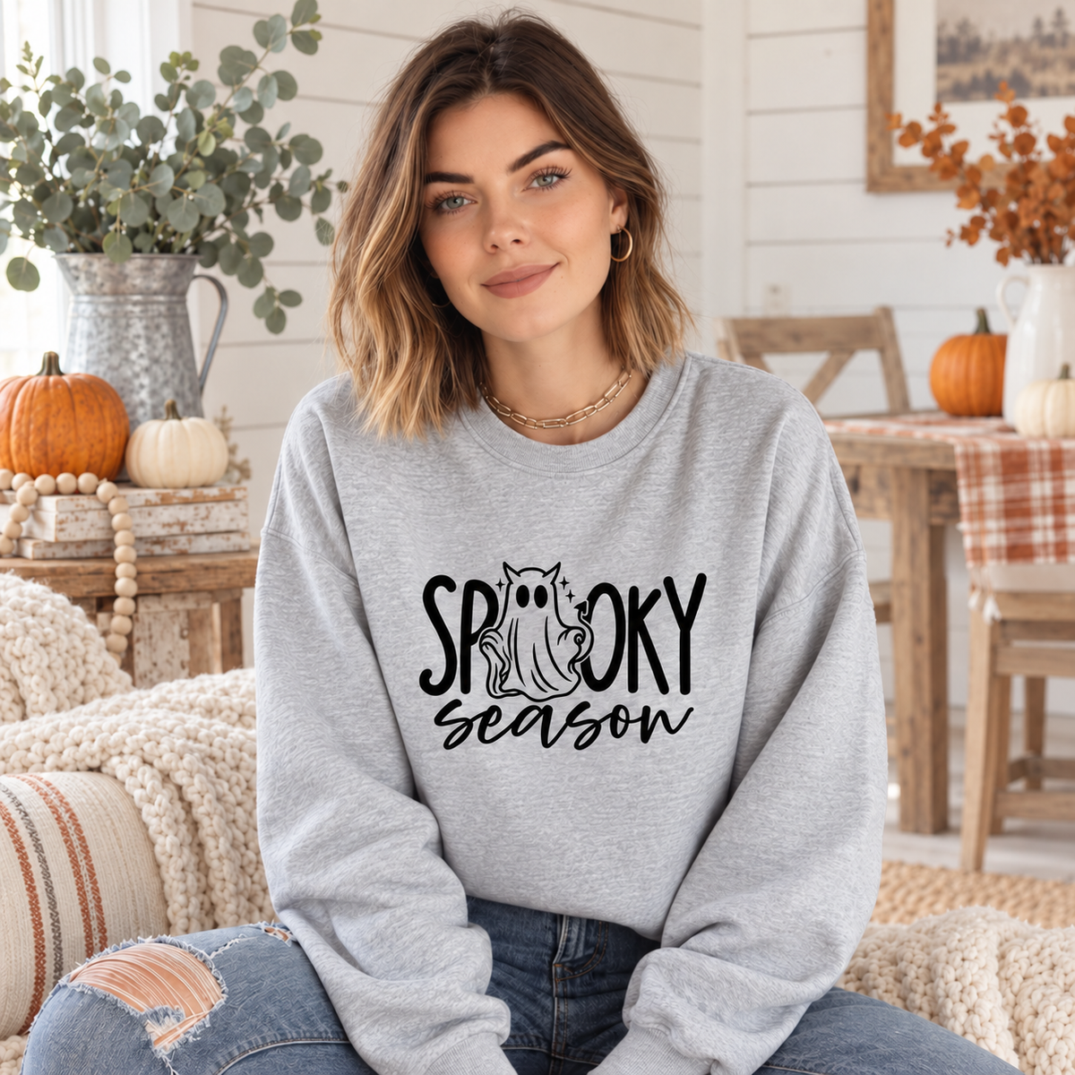 Spooky Season Ghost Halloween Sweatshirt – Cute Fall Graphic Crewneck