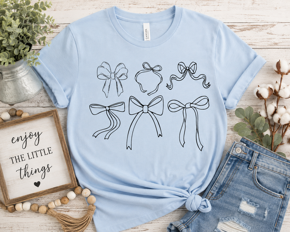 Simply Bows Graphic T-Shirt – Light Blue Farmhouse Bow Tee