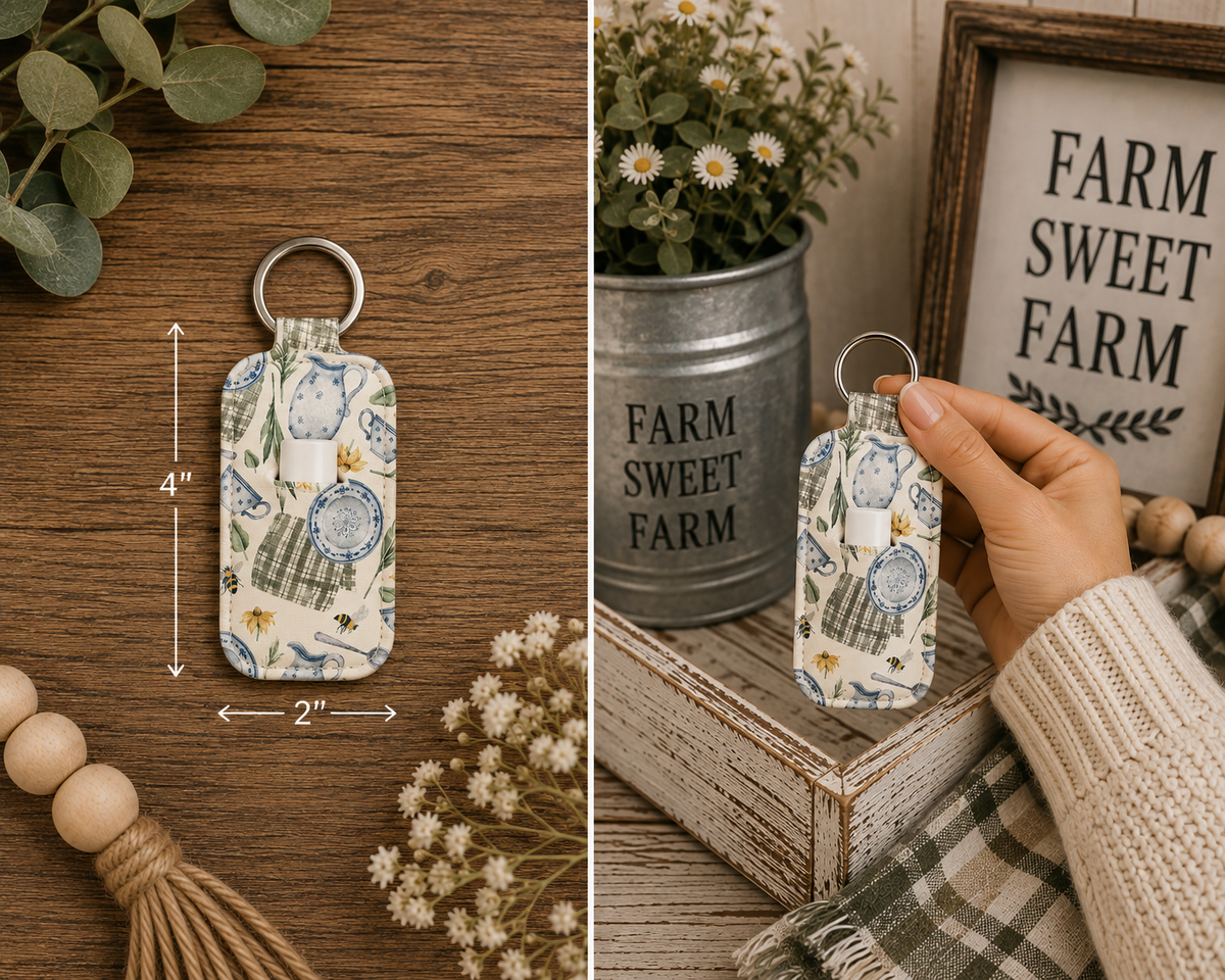 Farmhouse Blue China & Bee Sublimated Chapstick Holder Keychain
