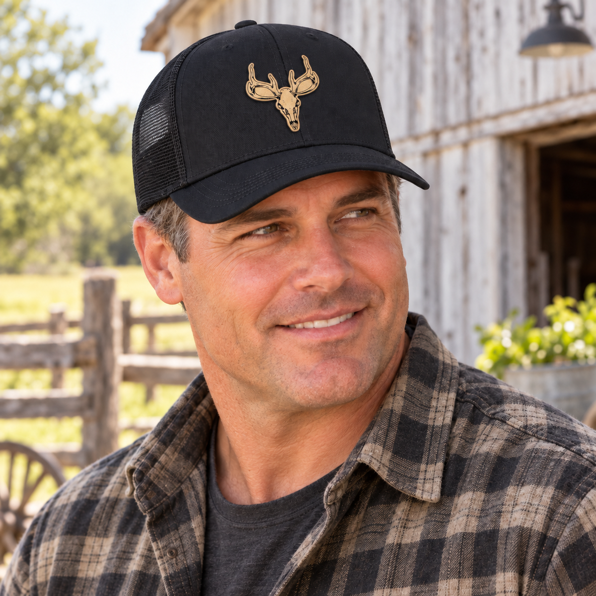 Deer Skull Leather Patch Trucker Hat
