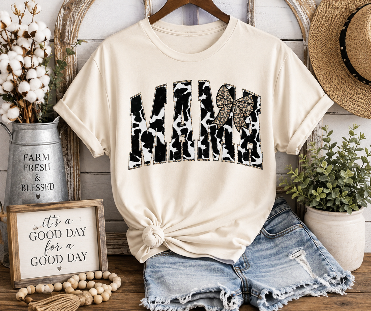 Mama Cow Print & Leopard Bow Graphic T-Shirt