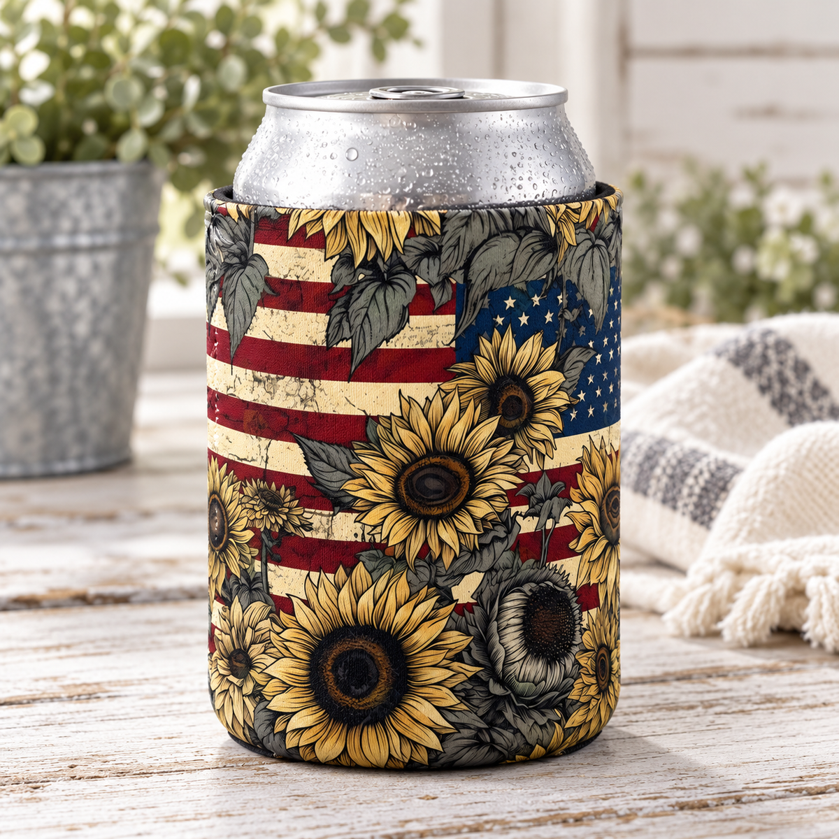 Patriotic Sunflower American Flag Can Koozie
