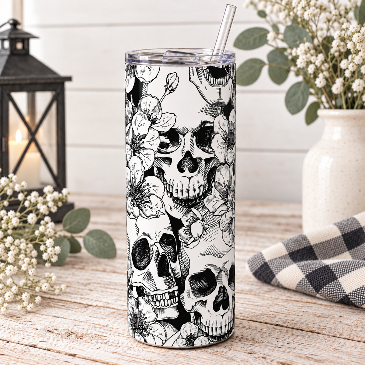 Black and White Skull & Floral 20 oz Skinny Tumbler