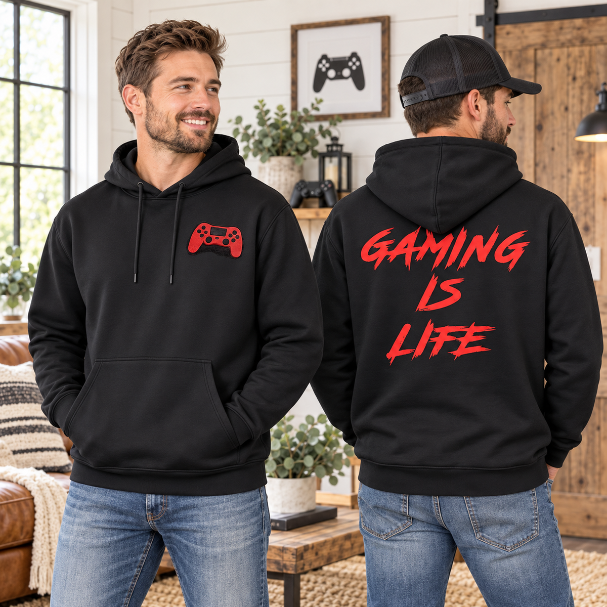 Gaming Is Life Black Hoodie | Red Gamer Controller Graphic Hoodie