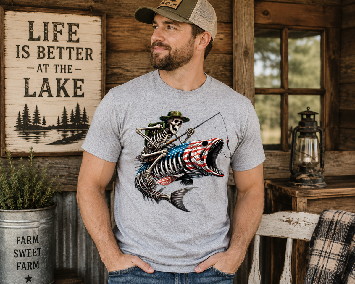 Patriotic Skeleton Fisherman T-Shirt – American Flag Fishing Graphic Tee
