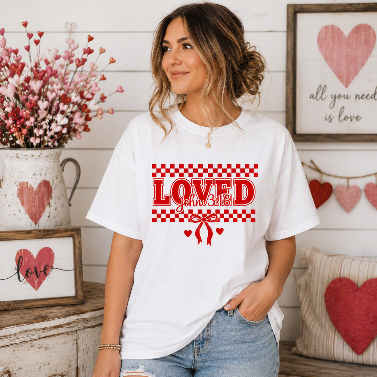 Loved – John 3:16 Christian Checkered Bow Graphic Tee