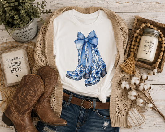 Blue Floral Cowboy Boots & Bow T-Shirt – Country Cowgirl Graphic Tee