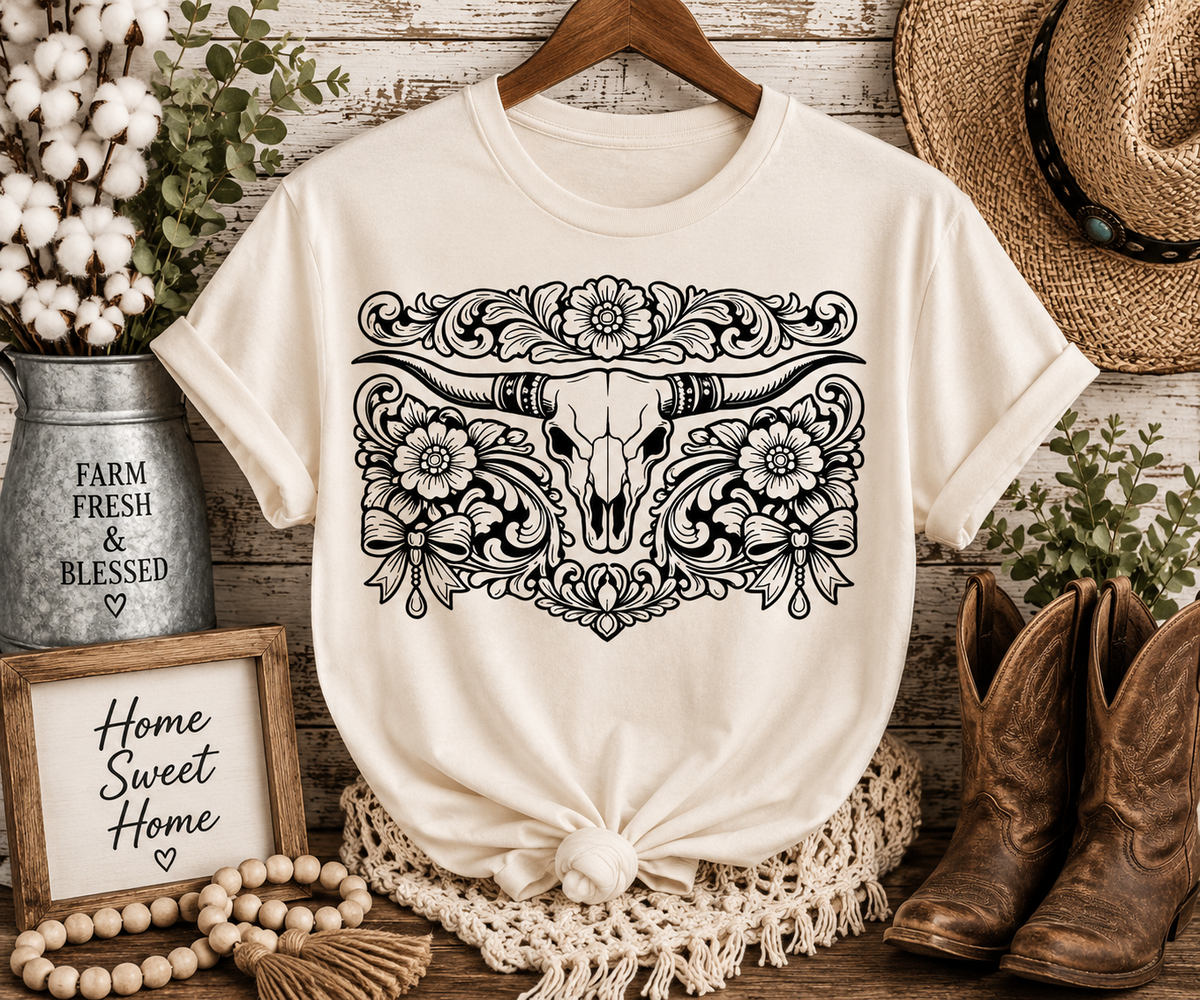 Western Longhorn Skull & Floral Graphic T-Shirt