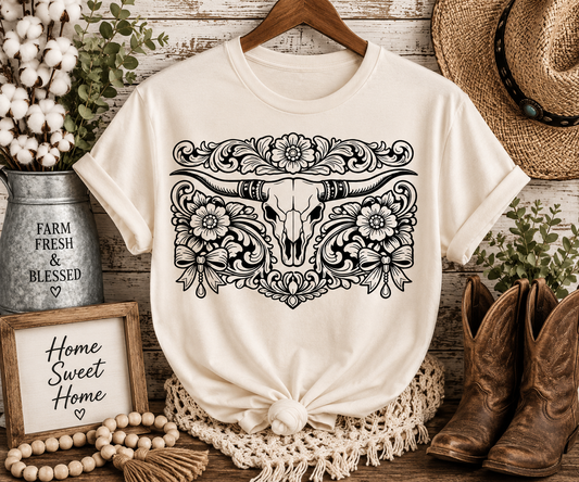 Western Longhorn Skull & Floral Graphic T-Shirt
