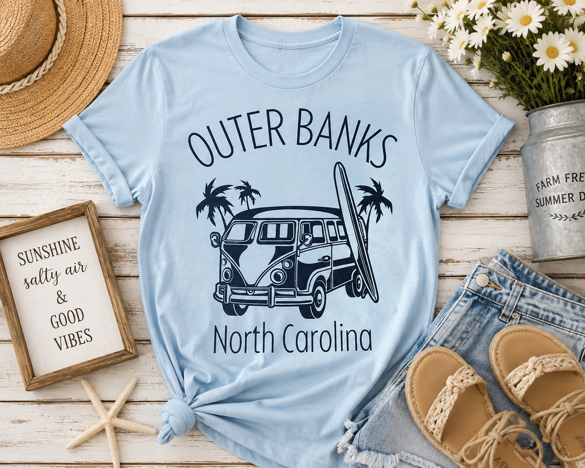 Outer Banks North Carolina Surf Van T-Shirt – Light Blue Summer Graphic Tee
