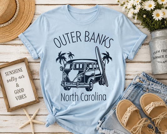 Outer Banks North Carolina Surf Van T-Shirt – Light Blue Summer Graphic Tee