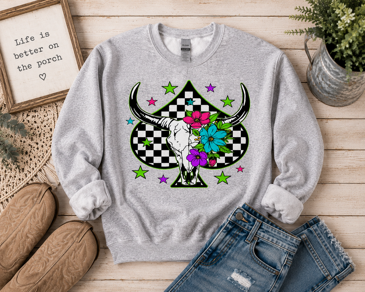 Floral Longhorn Checkerboard Western Graphic Sweatshirt