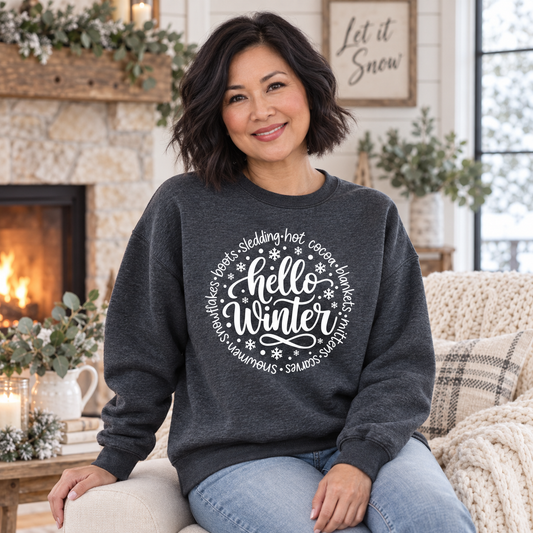 Hello Winter Sweatshirt | Cozy Winter Graphic Crewneck | Snowflake Holiday Sweatshirt