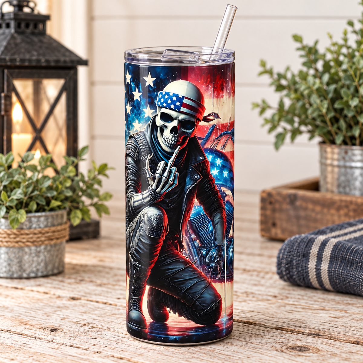 Patriotic Skeleton Biker 20 oz Skinny Tumbler