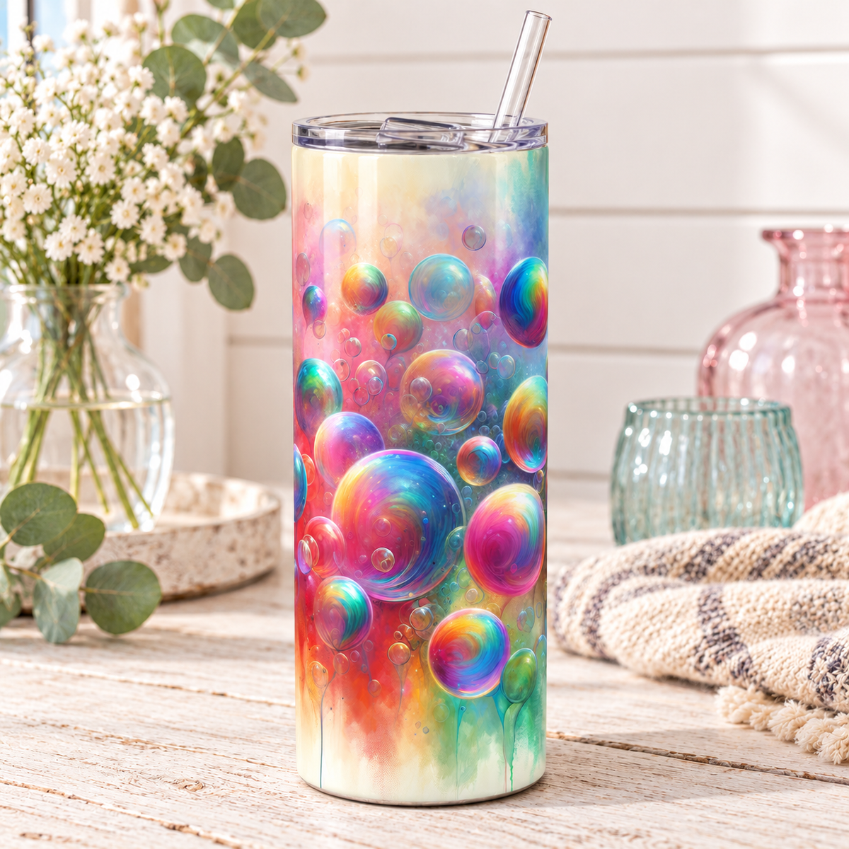 Rainbow Bubble Watercolor 20 oz Skinny Tumbler