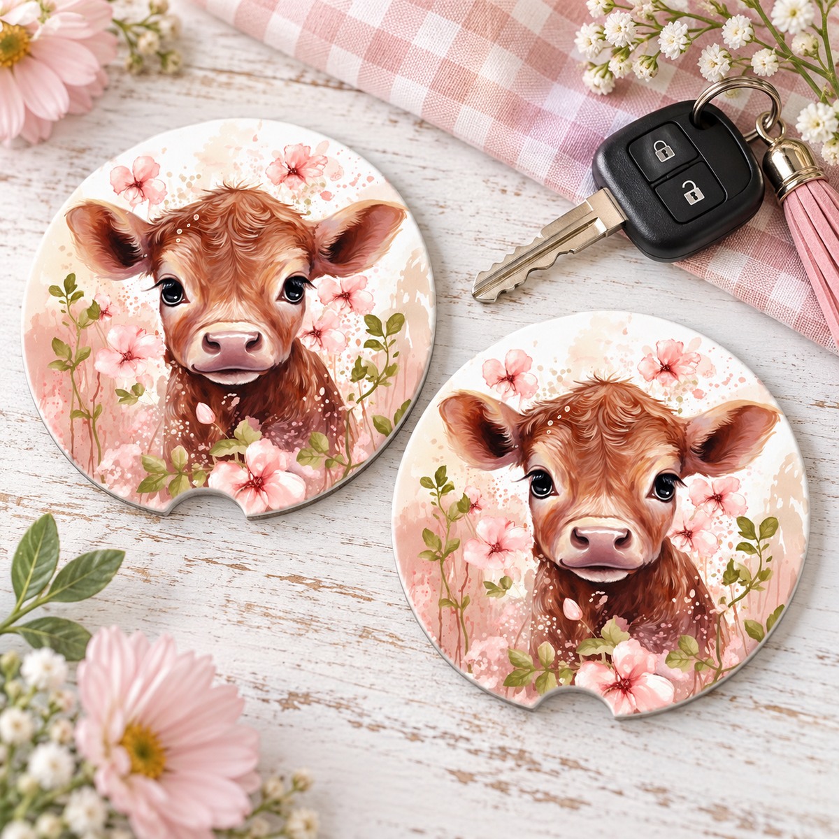 Pink Floral Baby Cow Car Coasters – Set of Two