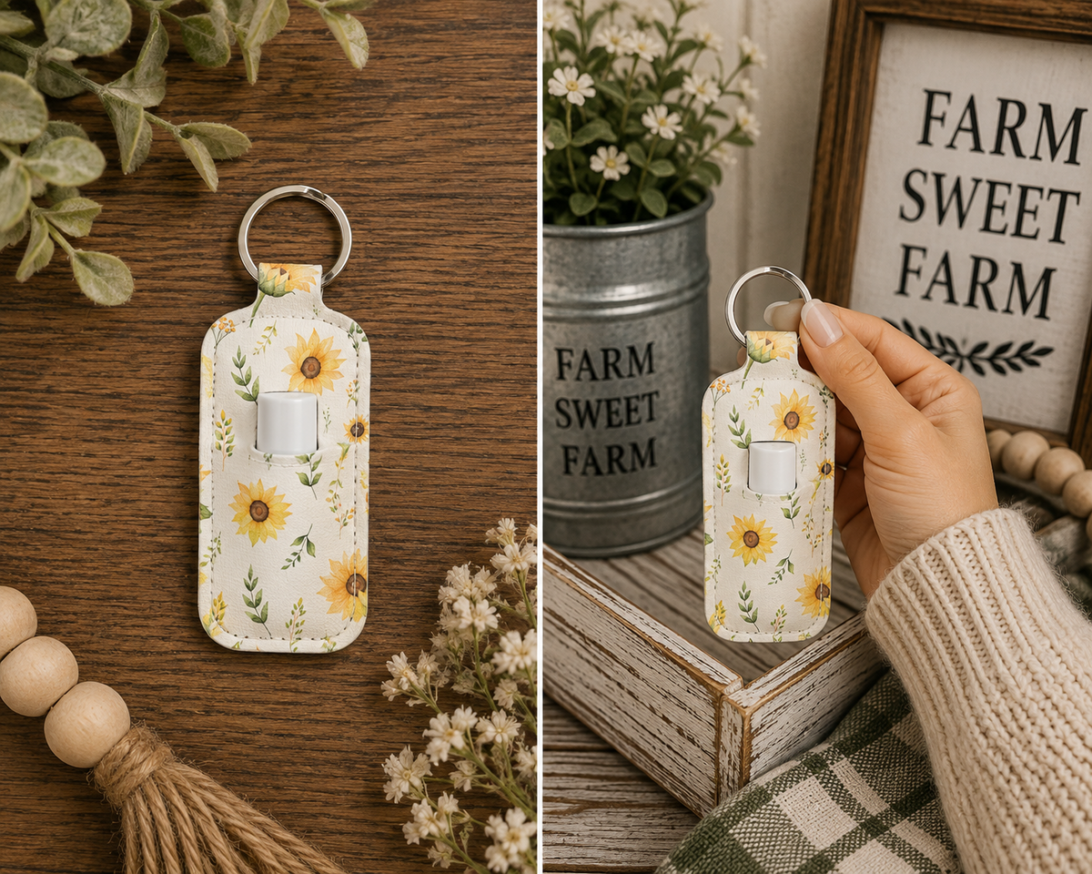 Sunflower Chapstick Holder Keychain – Sublimated Floral Lip Balm Holder