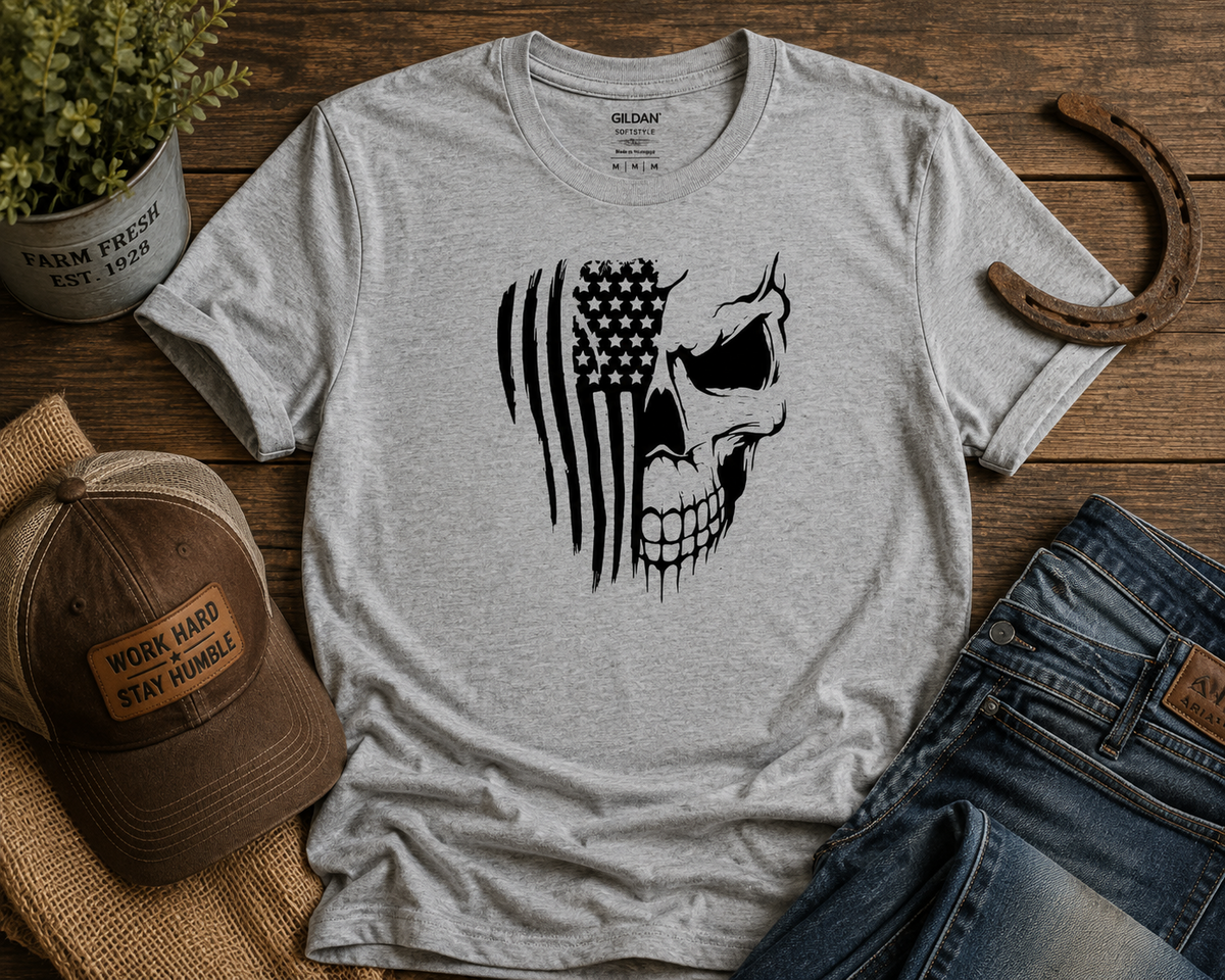 American Flag Skull T-Shirt – Patriotic Rustic Graphic Tee
