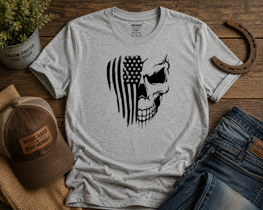 American Flag Skull T-Shirt – Patriotic Rustic Graphic Tee