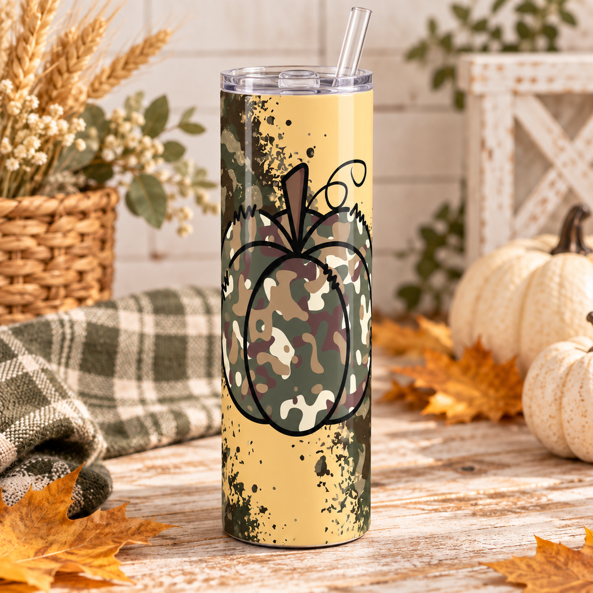 Camouflage Pumpkin Fall 20 oz Skinny Tumbler