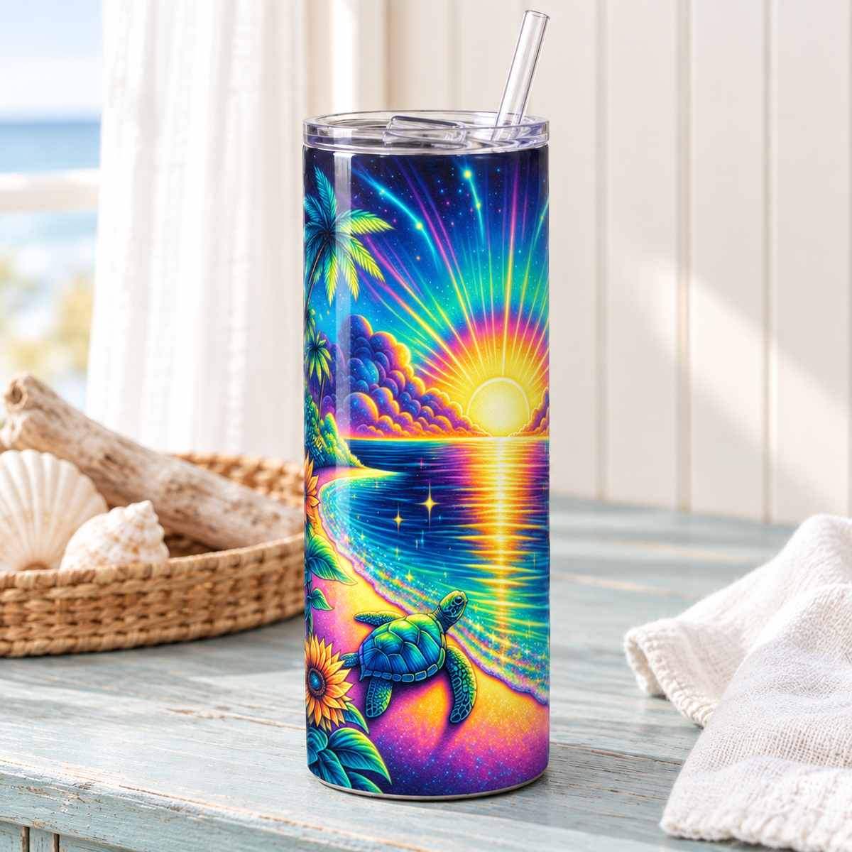 Neon Tropical Sea Turtle Sunset 20 oz Skinny Tumbler