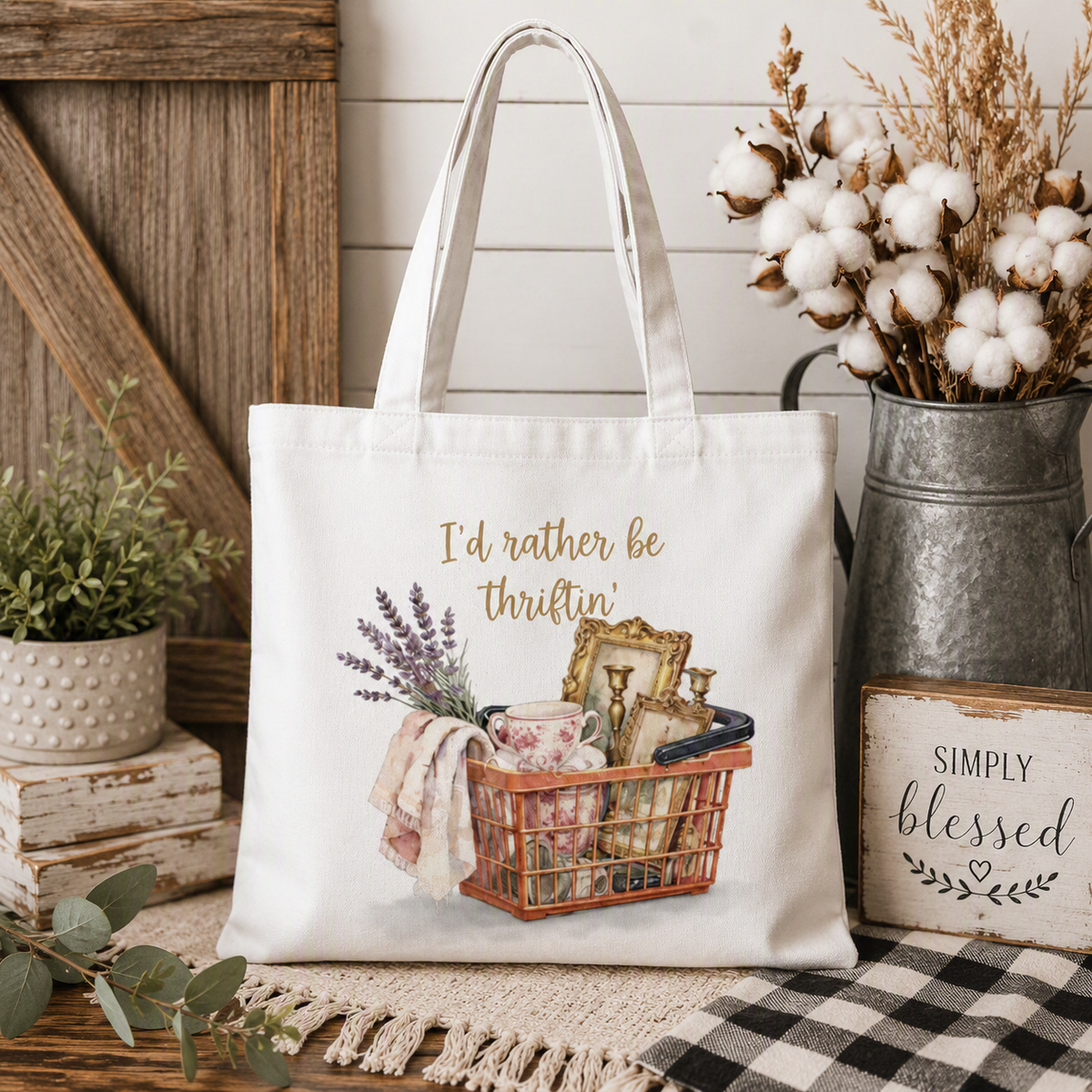 I’d Rather Be Thriftin’ Sublimated Farmhouse Tote Bag