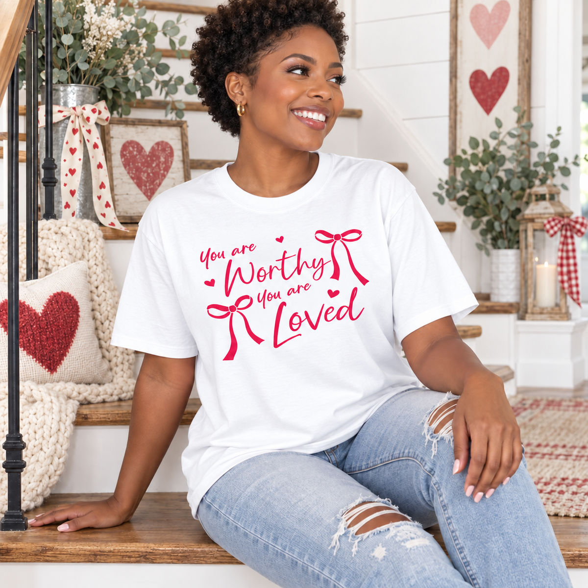 You Are Worthy, You Are Loved – Inspirational Pink Ribbon Tee