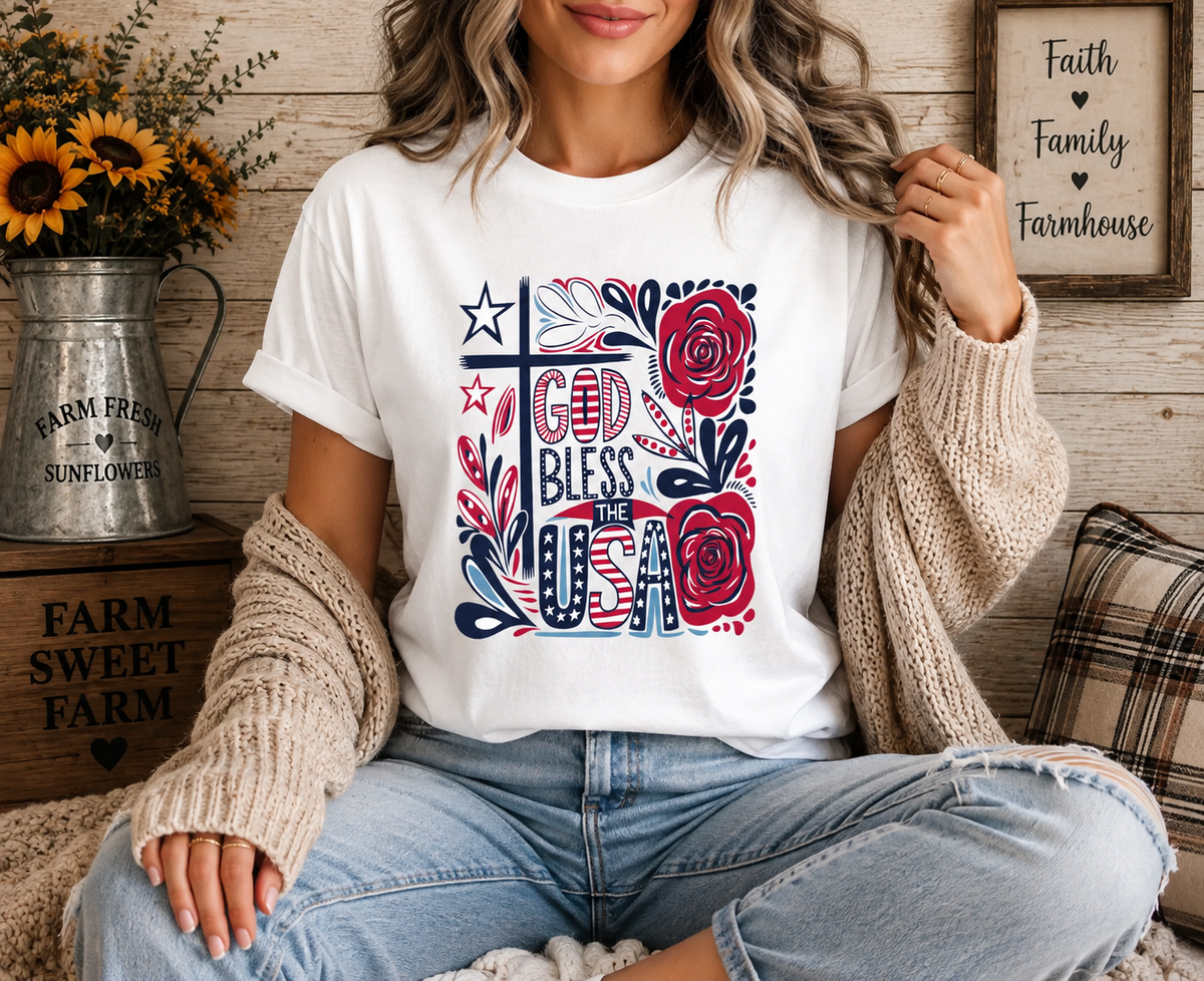 God Bless the USA Patriotic Floral Graphic T-Shirt