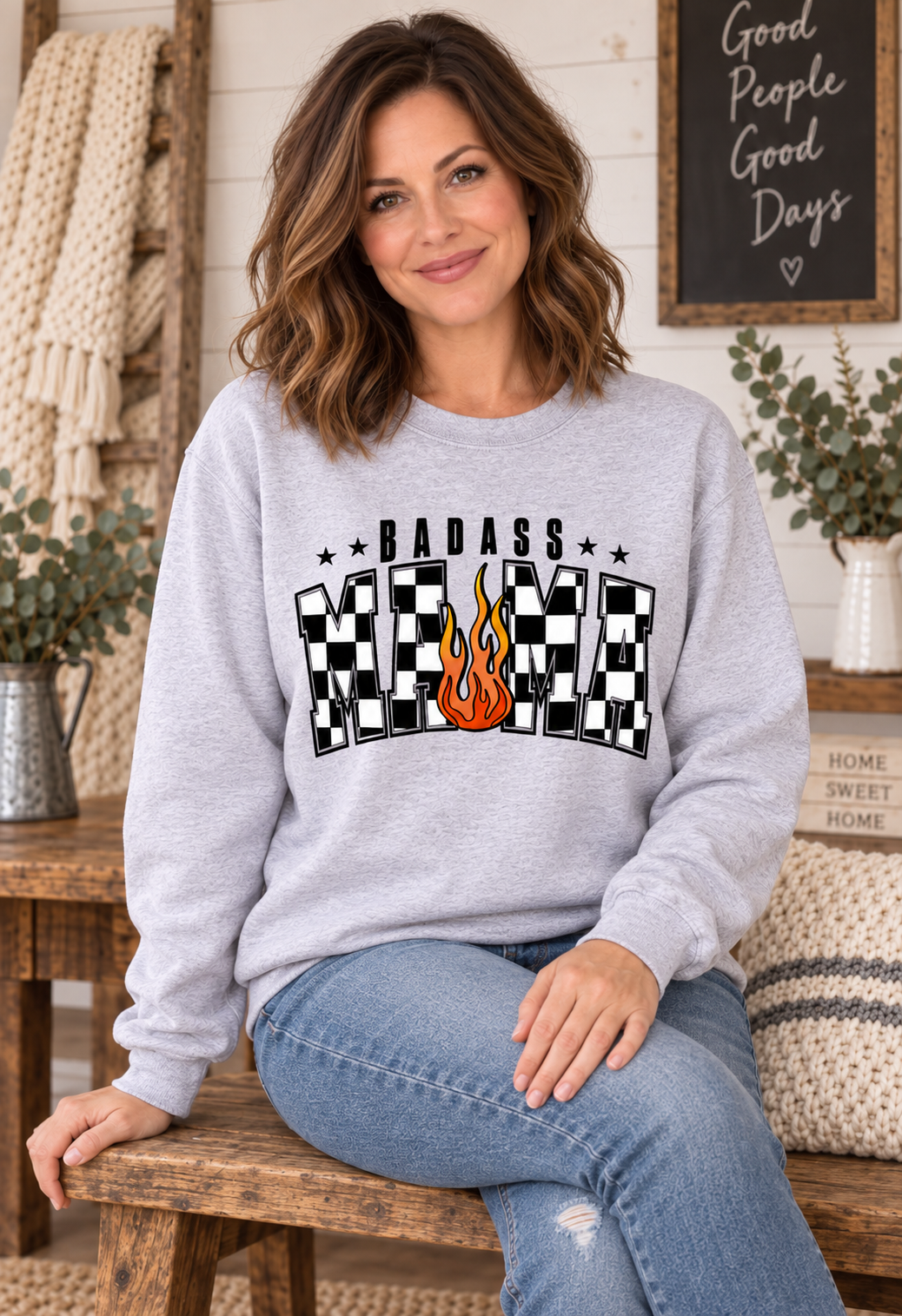Badass Mama Sweatshirt – Checkerboard Flame Mom Crewneck