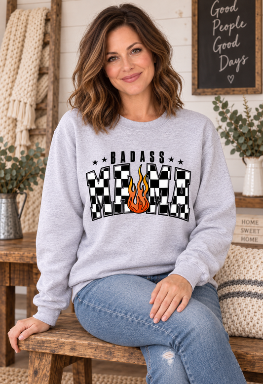 Badass Mama Sweatshirt – Checkerboard Flame Mom Crewneck
