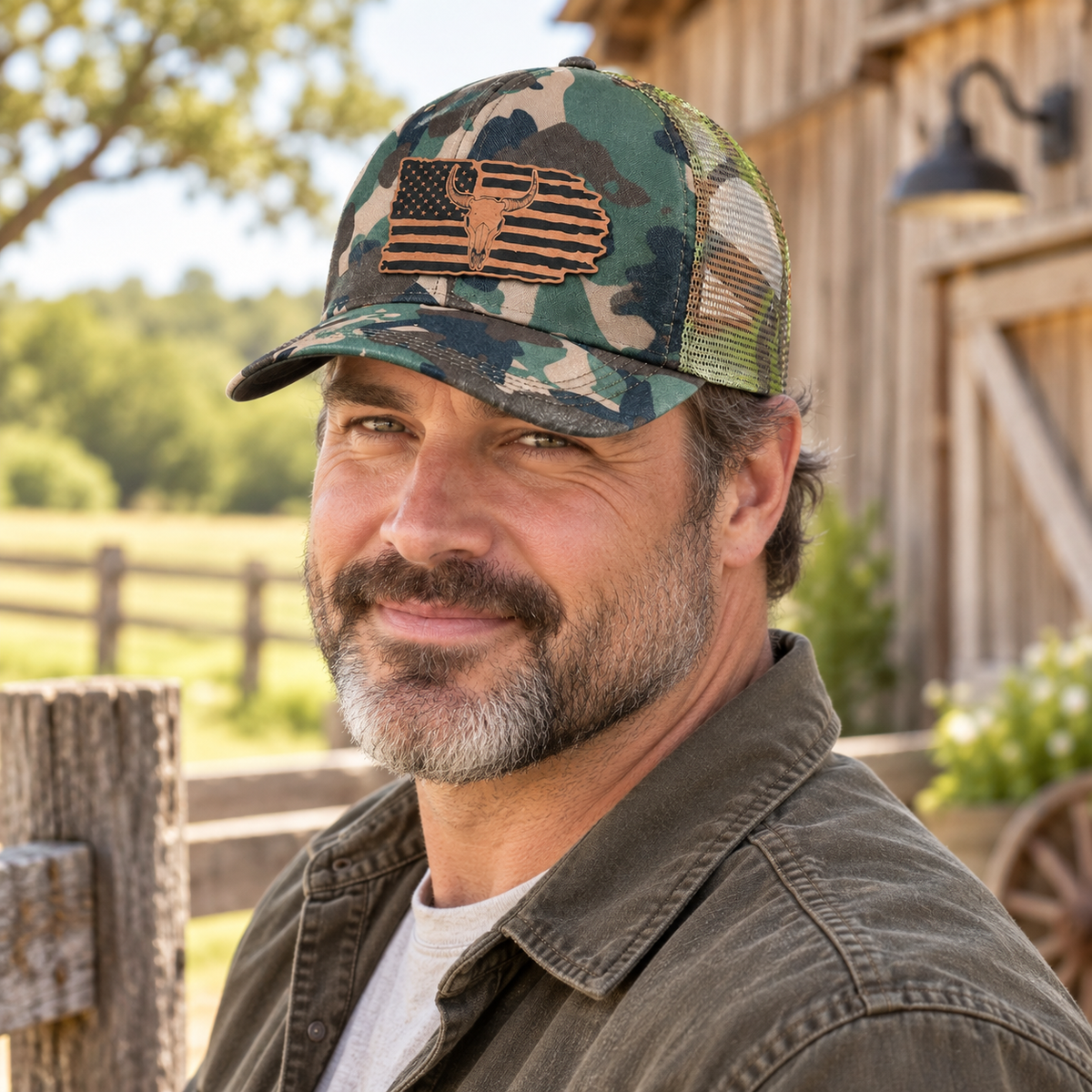 Engraved Bull Skull American Flag Camo Trucker Hat