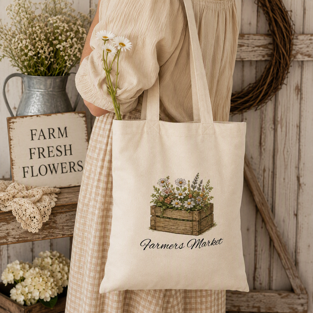 Farmers Market Floral Crate Sublimated Farmhouse Tote Bag