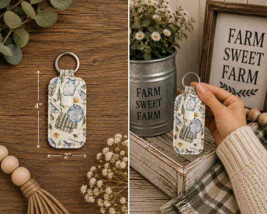 Farmhouse Blue China & Bee Sublimated Chapstick Holder Keychain