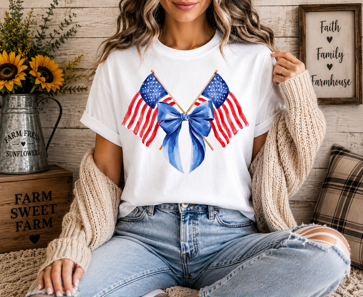 Patriotic American Flag & Blue Bow Graphic T-Shirt