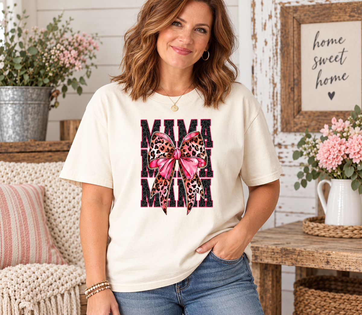 Mama Leopard Bow T-Shirt – Pink Coquette Mom Graphic Tee