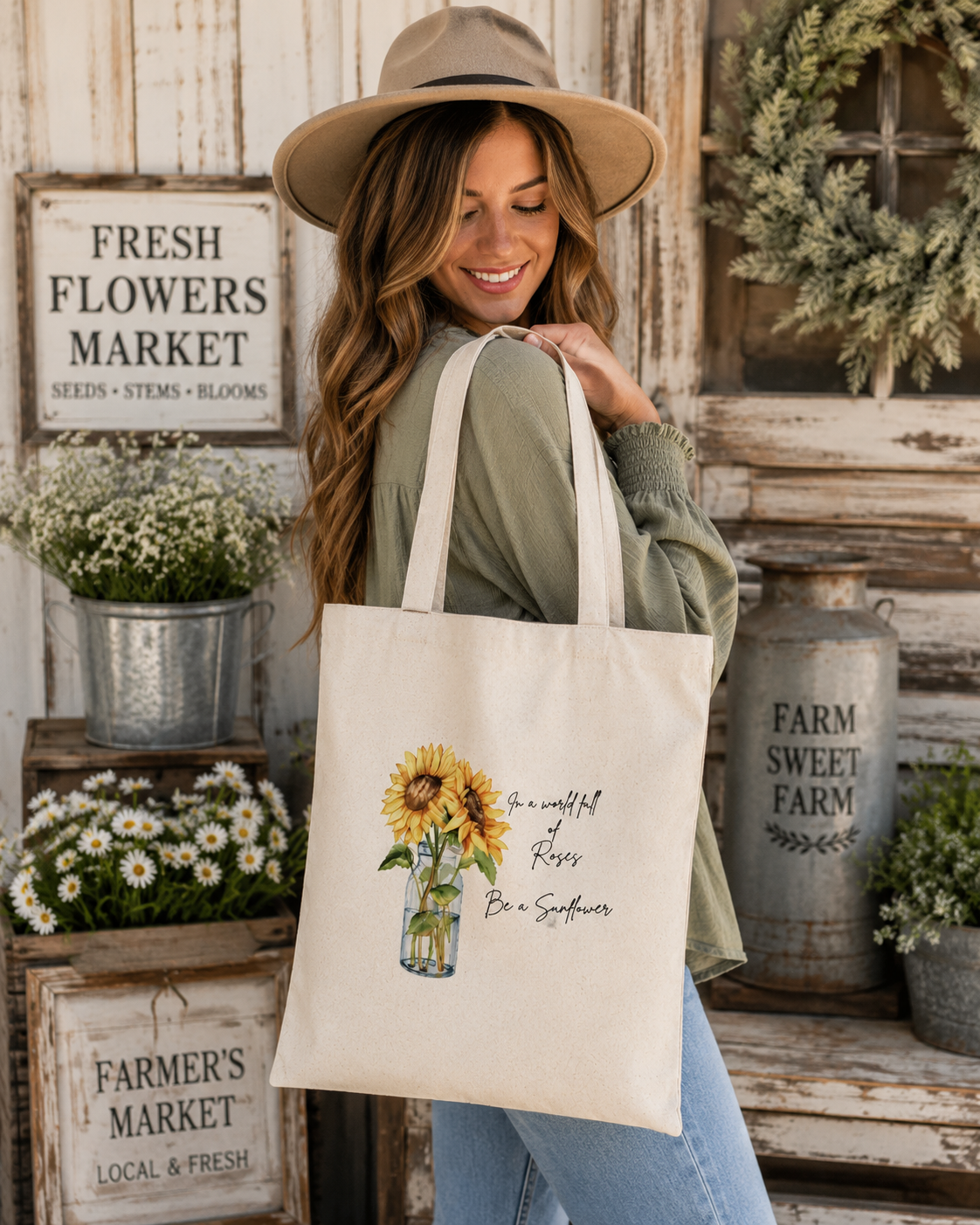 Be a Sunflower Sublimated Farmhouse Tote Bag