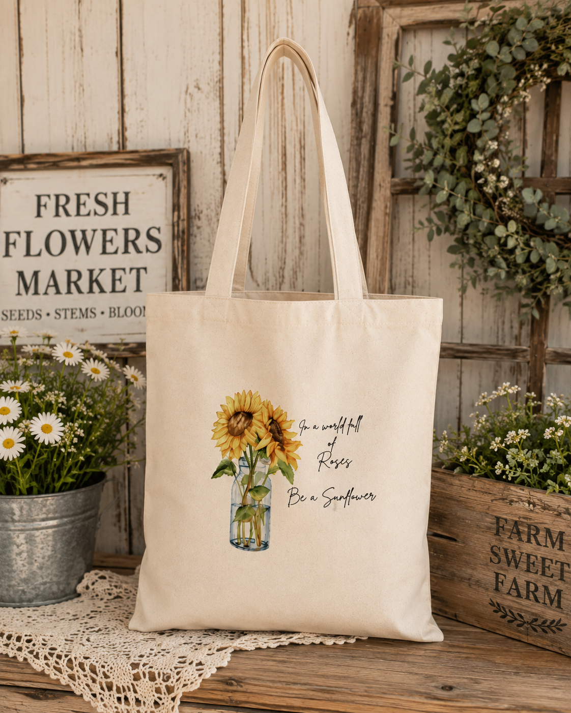 Be a Sunflower Sublimated Farmhouse Tote Bag