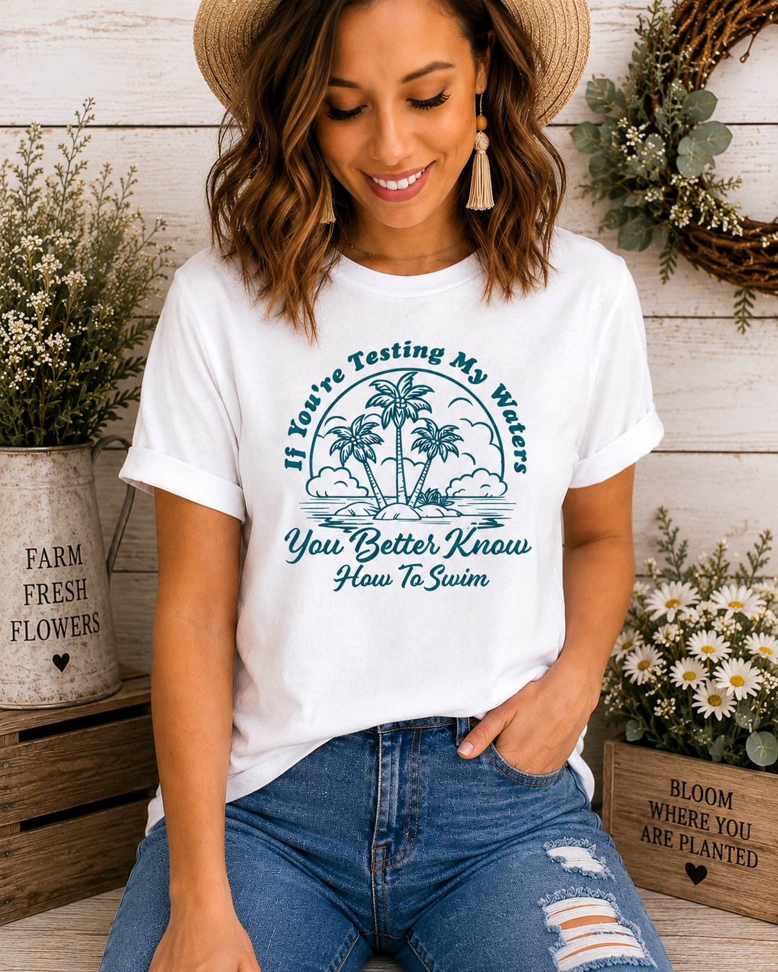 Testing My Waters Funny Summer T-Shirt – White & Teal Graphic Tee