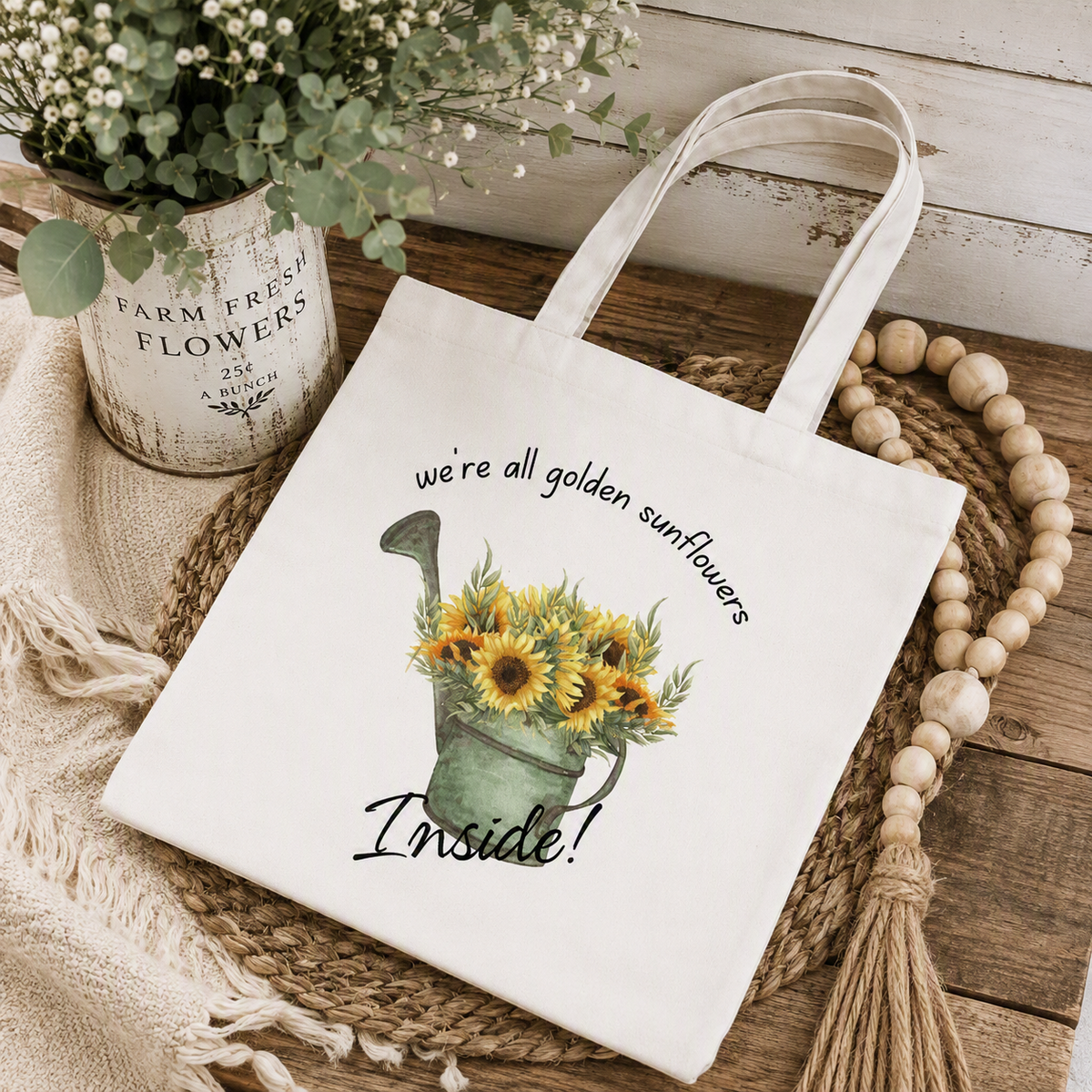 Golden Sunflowers Inside Sublimated Farmhouse Tote Bag