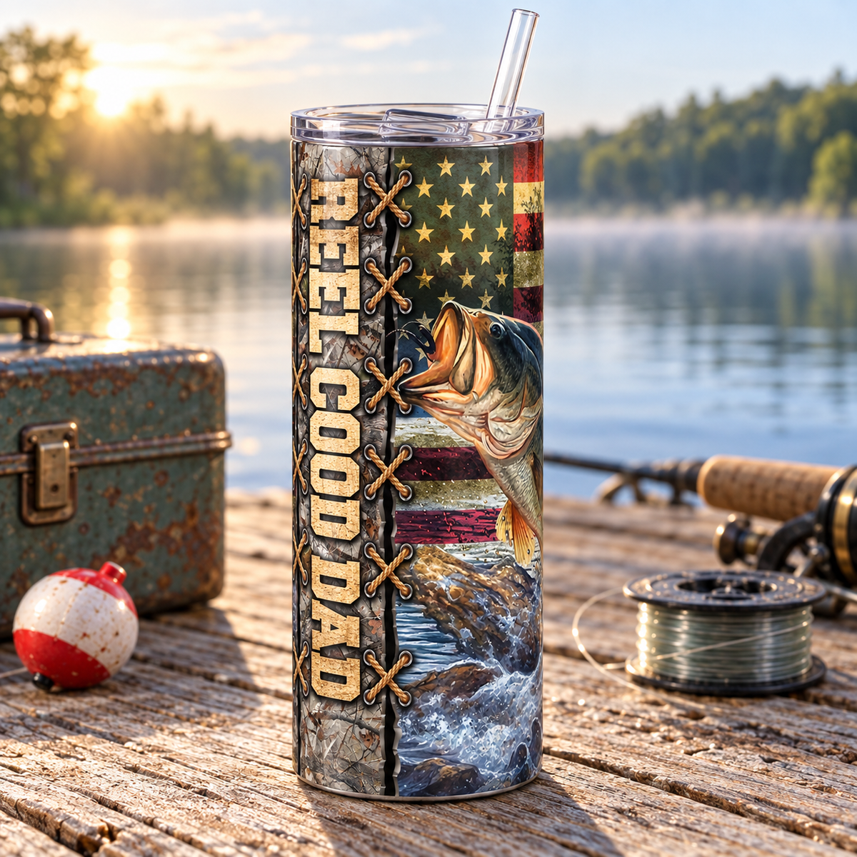 Reel Good Dad Patriotic Bass 20 oz Skinny Tumbler