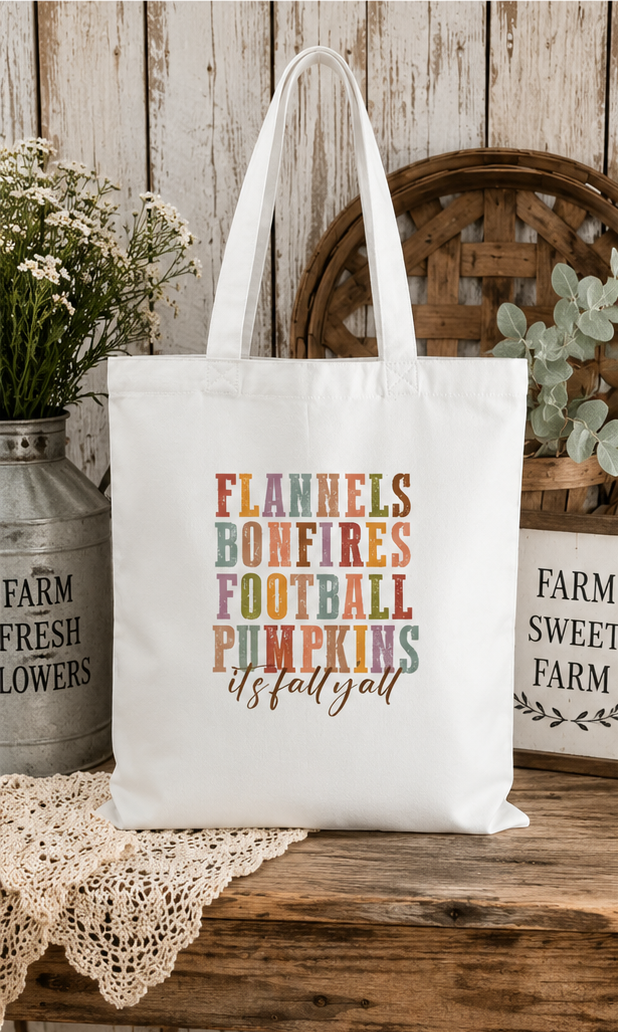 Flannels Bonfires Football & Pumpkins Sublimated Fall Tote Bag