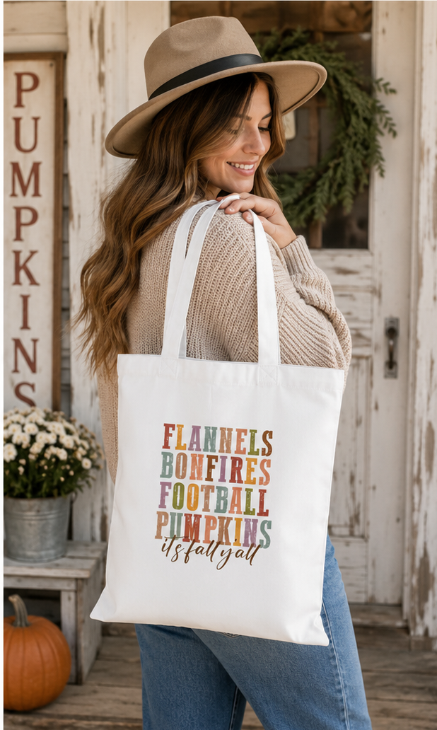 Flannels Bonfires Football & Pumpkins Sublimated Fall Tote Bag