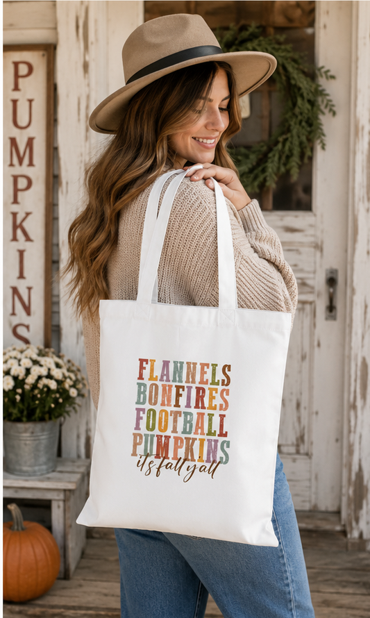 Flannels Bonfires Football & Pumpkins Sublimated Fall Tote Bag