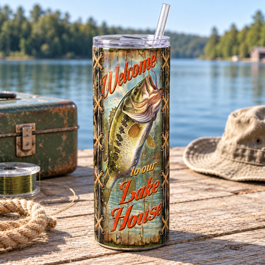 Welcome to Our Lake House Bass Fishing 20 oz Skinny Tumbler